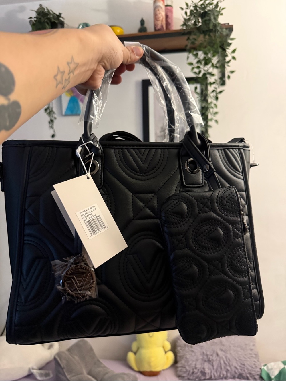 Valentino Orlandi Black Quilted Top-Handle Tote with Pouch